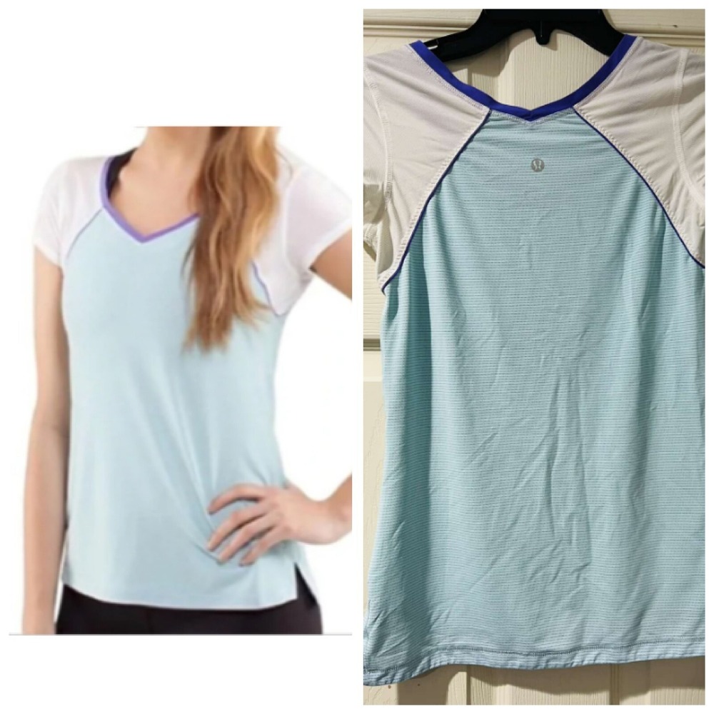 Lululemon Run: Mod Moves Short Sleeve Top blue, white & purple Size M A009660
